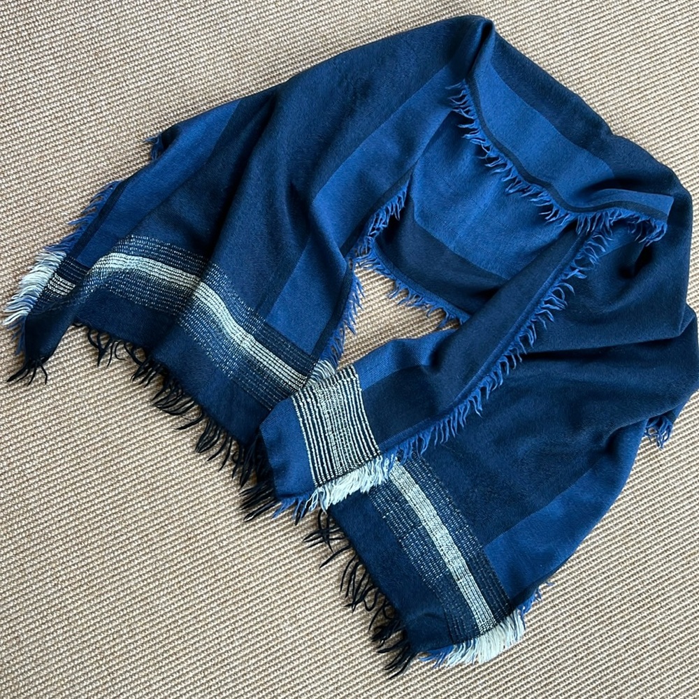 Wool & Silk Blue, Black & White Scarf by Asian Eye